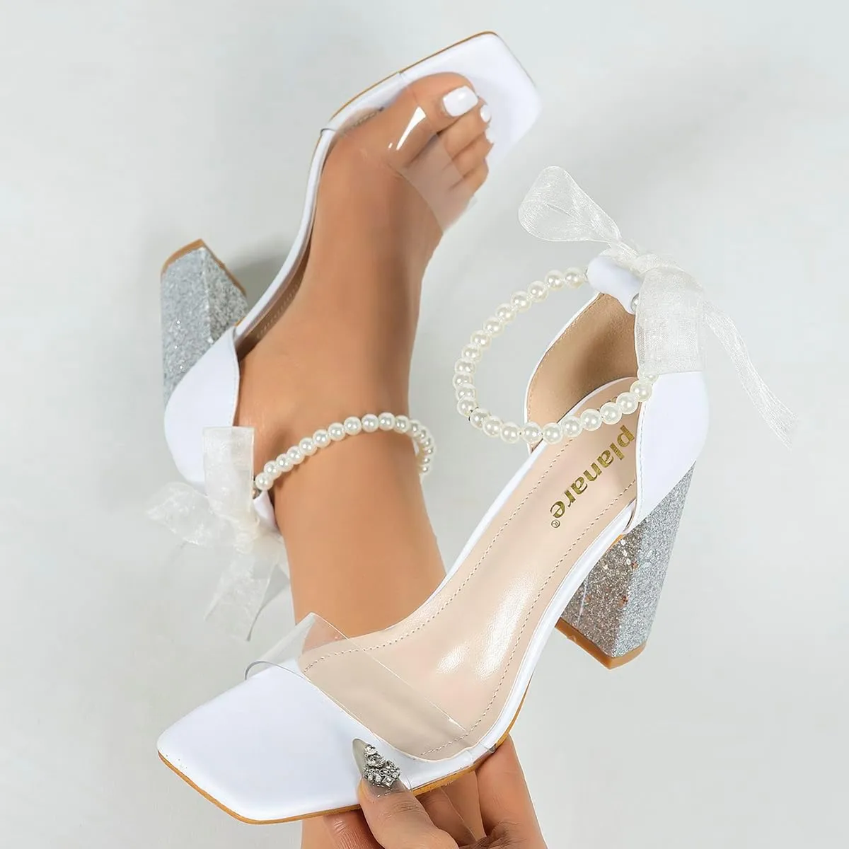 Women's Floral Embroidered High Heel Sandals – Elegant Mesh & Leather Bridal Shoes with Adjustable Ankle Strap, Comfortable Block Heel Wedding Sandals for Brides & Formal Events