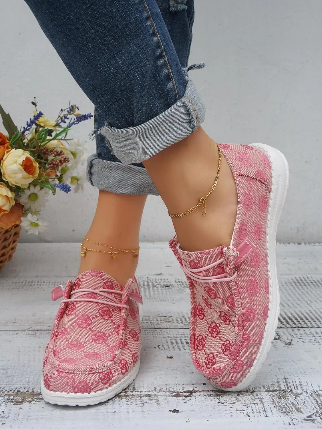Women's Floral Pattern Canvas Loafer Shoes Ethnic Lace-up Slip-on Walking Sneakers Lightweight Breathable Arch Support Boat Shoes Comfy Unisex Footwear for Women/Men Adult/Teenagers, Pink/Blue/Brown