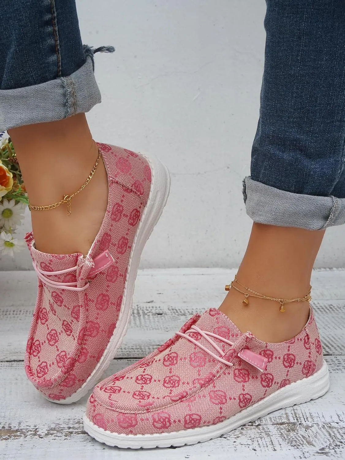 Women's Floral Pattern Canvas Loafer Shoes Ethnic Lace-up Slip-on Walking Sneakers Lightweight Breathable Arch Support Boat Shoes Comfy Unisex Footwear for Women/Men Adult/Teenagers, Pink/Blue/Brown