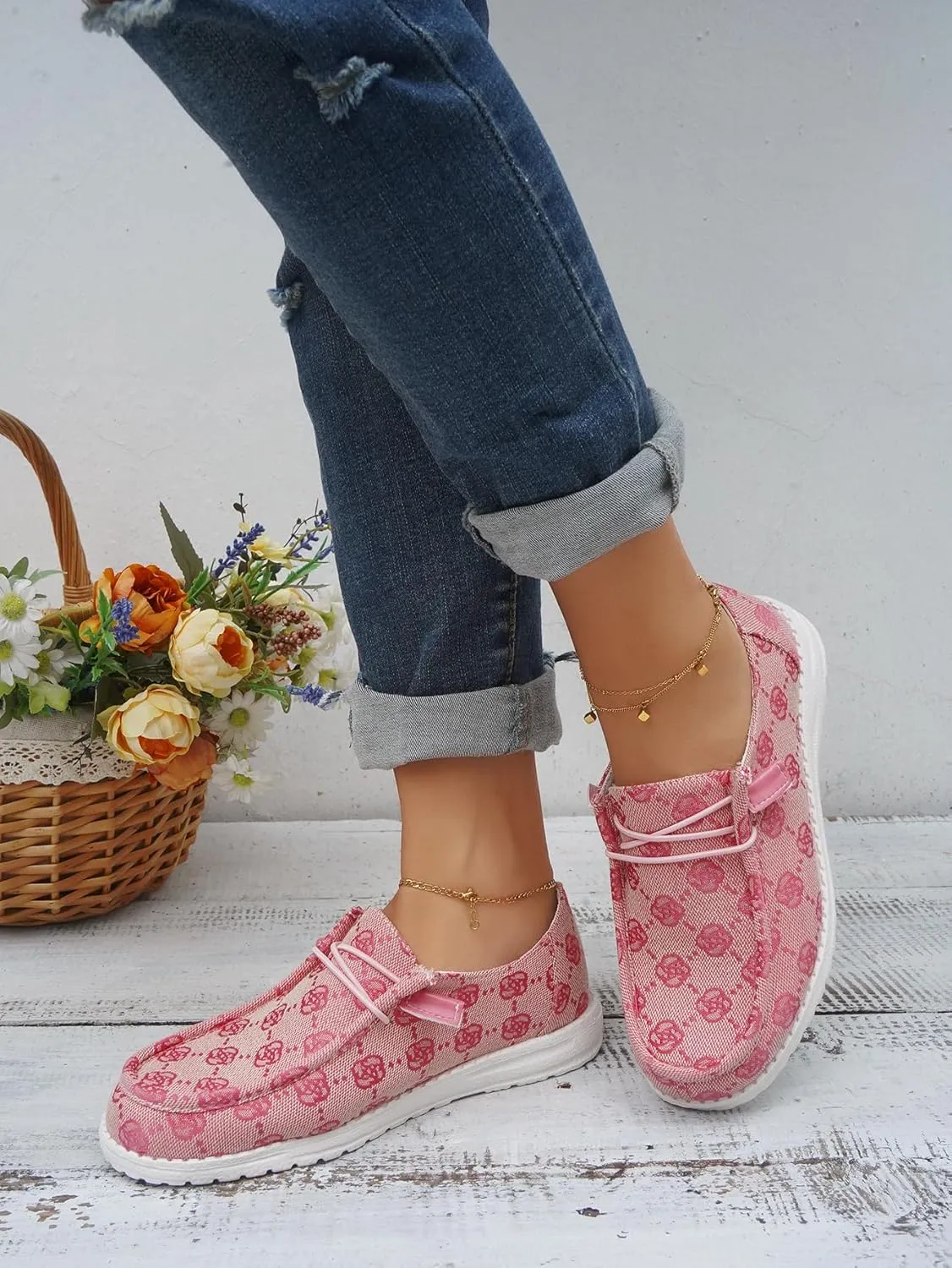 Women's Floral Pattern Canvas Loafer Shoes Ethnic Lace-up Slip-on Walking Sneakers Lightweight Breathable Arch Support Boat Shoes Comfy Unisex Footwear for Women/Men Adult/Teenagers, Pink/Blue/Brown