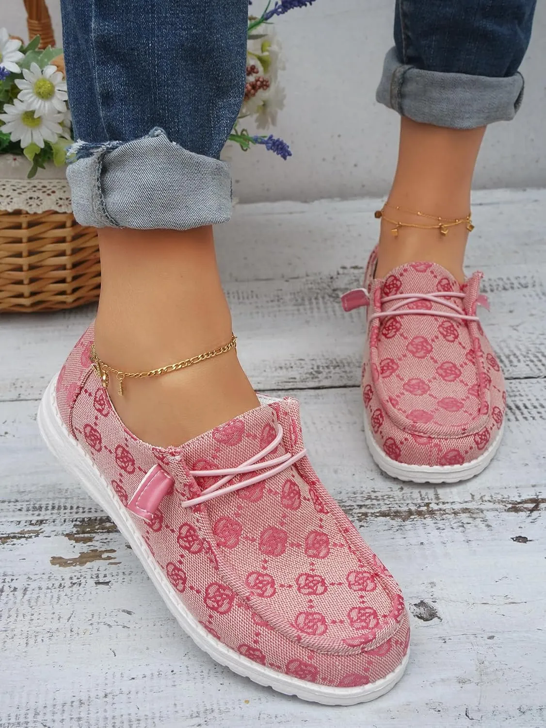 Women's Floral Pattern Canvas Loafer Shoes Ethnic Lace-up Slip-on Walking Sneakers Lightweight Breathable Arch Support Boat Shoes Comfy Unisex Footwear for Women/Men Adult/Teenagers, Pink/Blue/Brown
