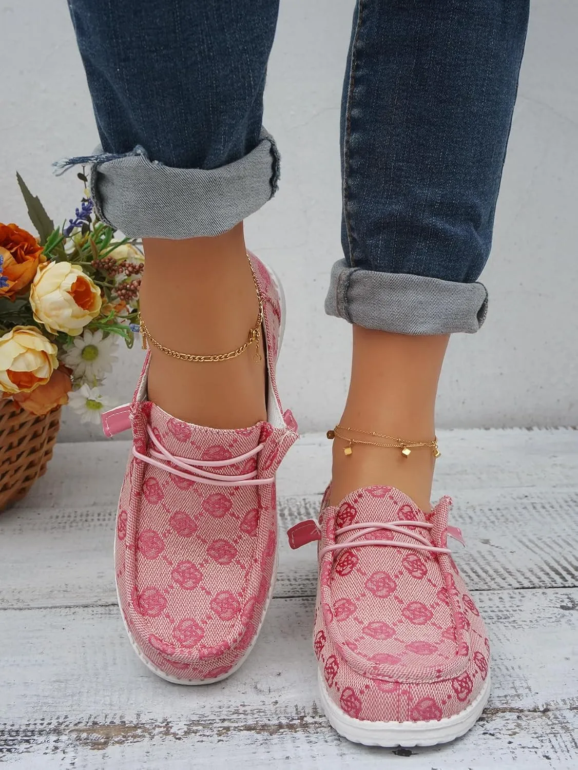 Women's Floral Pattern Canvas Loafer Shoes Ethnic Lace-up Slip-on Walking Sneakers Lightweight Breathable Arch Support Boat Shoes Comfy Unisex Footwear for Women/Men Adult/Teenagers, Pink/Blue/Brown