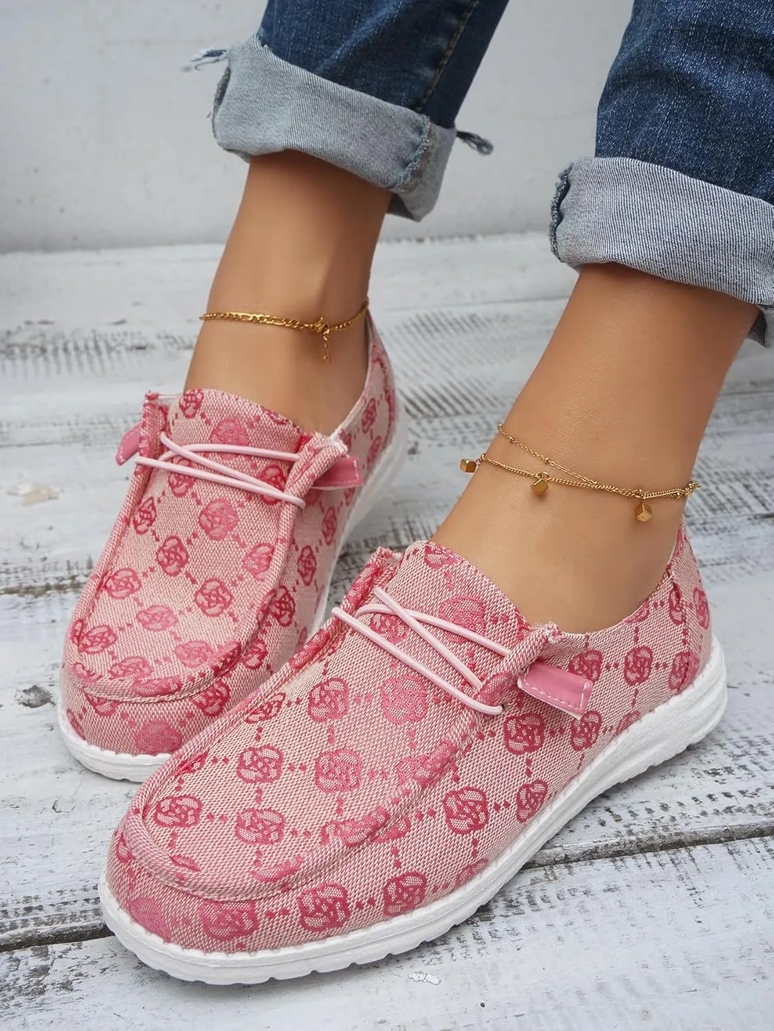 Women's Floral Pattern Canvas Loafer Shoes Ethnic Lace-up Slip-on Walking Sneakers Lightweight Breathable Arch Support Boat Shoes Comfy Unisex Footwear for Women/Men Adult/Teenagers, Pink/Blue/Brown