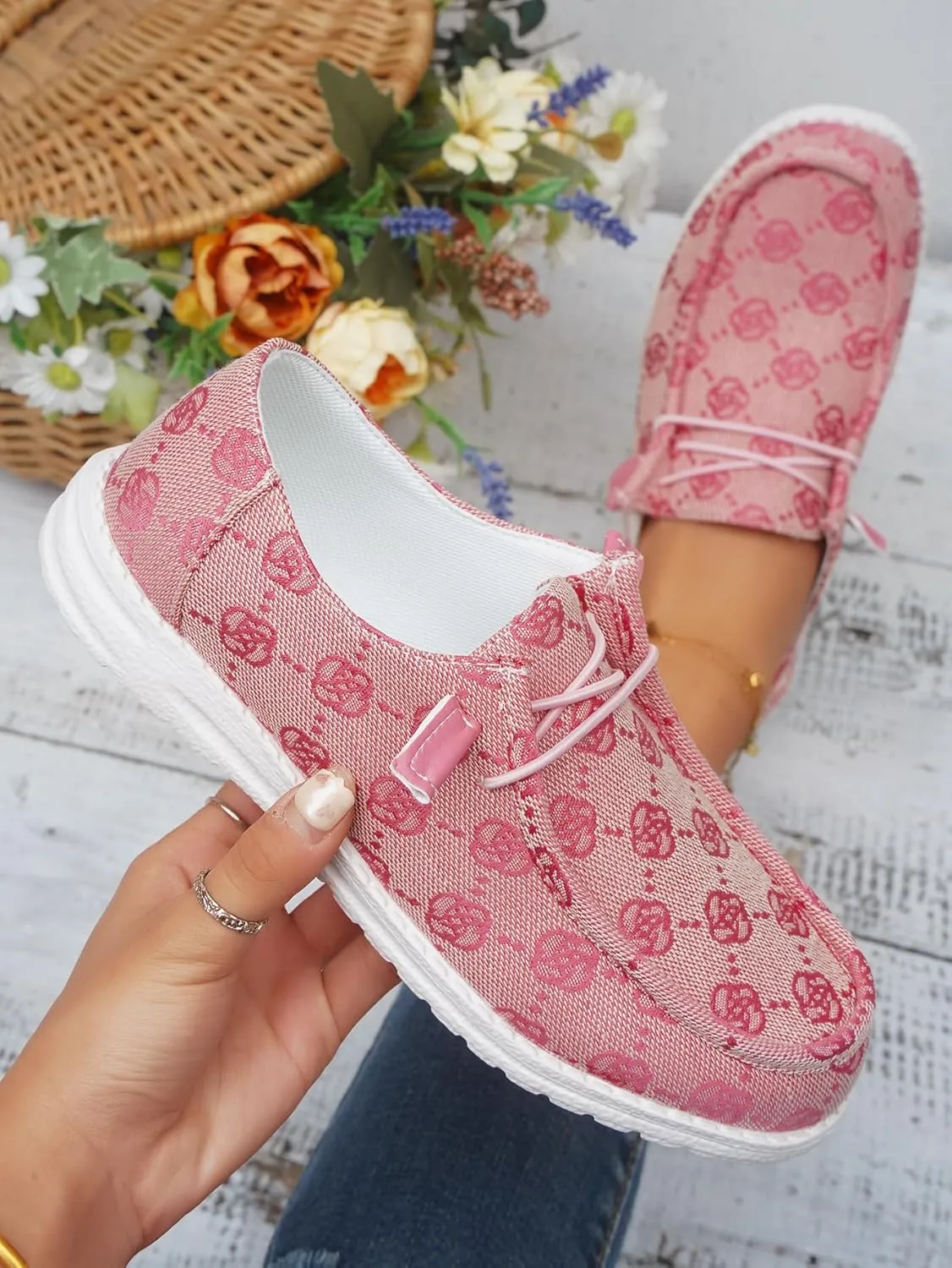 Women's Floral Pattern Canvas Loafer Shoes Ethnic Lace-up Slip-on Walking Sneakers Lightweight Breathable Arch Support Boat Shoes Comfy Unisex Footwear for Women/Men Adult/Teenagers, Pink/Blue/Brown