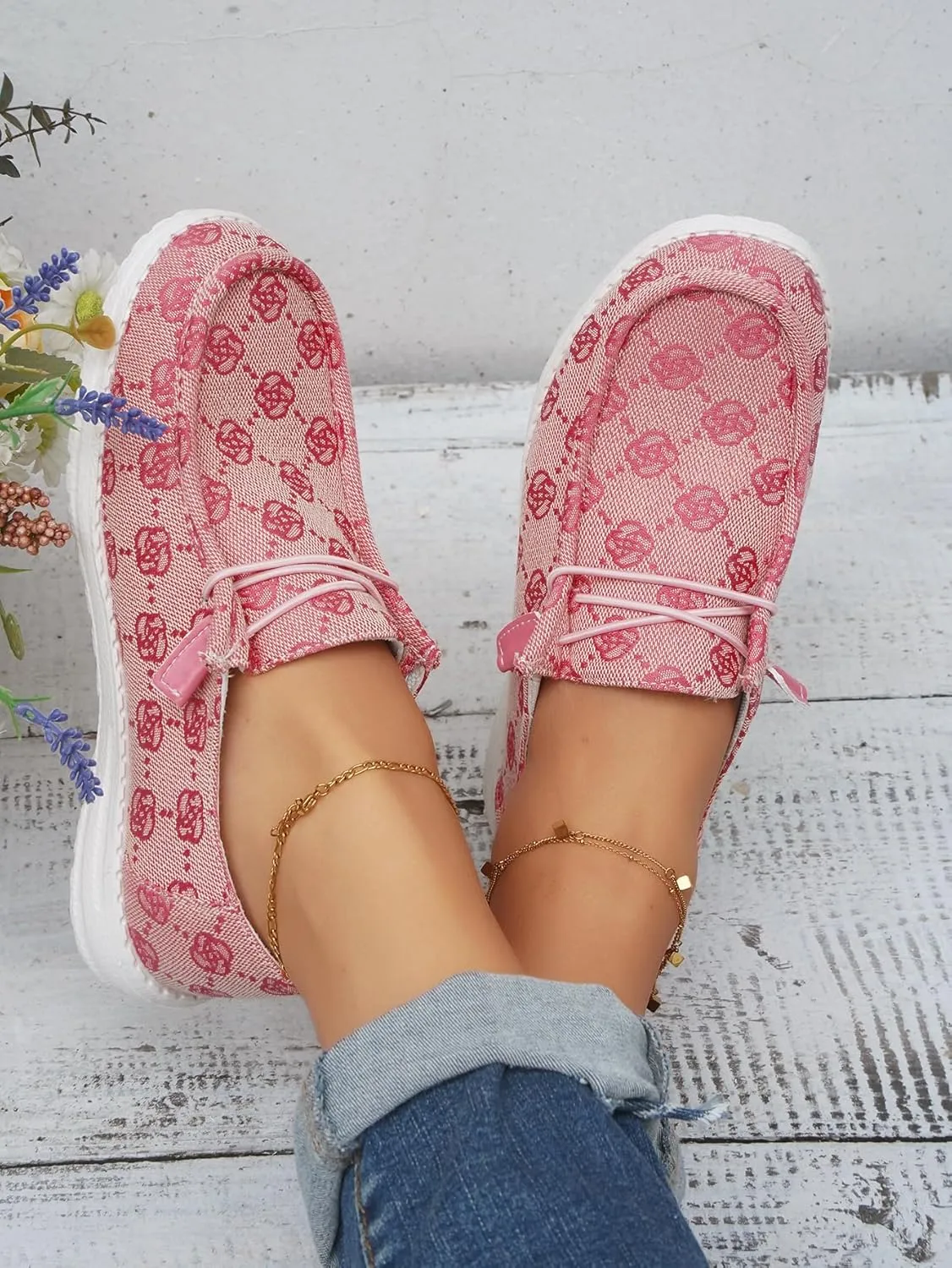 Women's Floral Pattern Canvas Loafer Shoes Ethnic Lace-up Slip-on Walking Sneakers Lightweight Breathable Arch Support Boat Shoes Comfy Unisex Footwear for Women/Men Adult/Teenagers, Pink/Blue/Brown