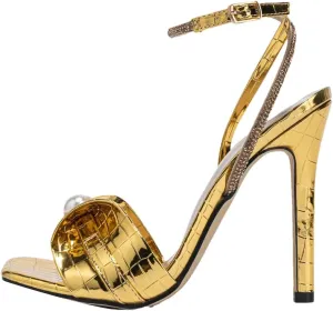 Women's Gold Leather Sandals - Square Toe Pearl Bowknot Pumps
