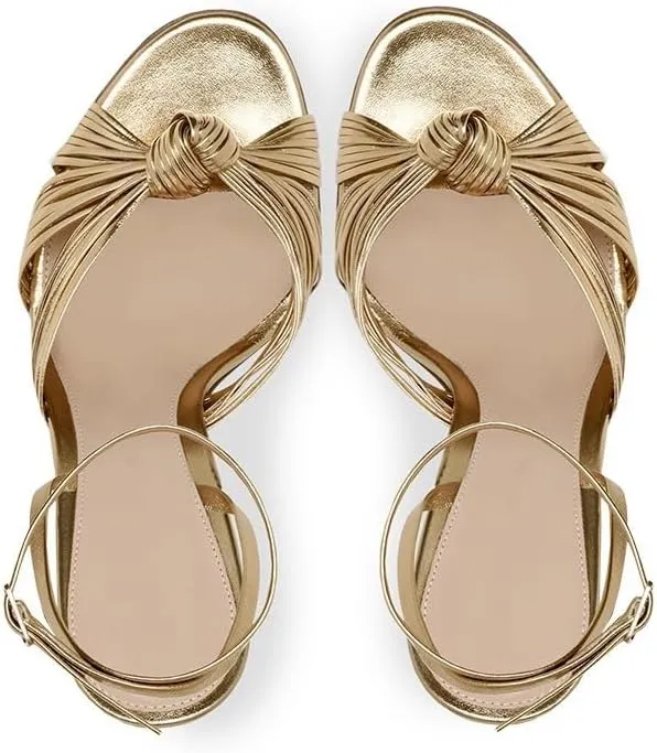 Women's Metallic Gold Bow Stiletto High Heels Open-back Ankle Strap Peep Open Toe Cute Sparkle Slingback Heels Sandals 12CM/10CM