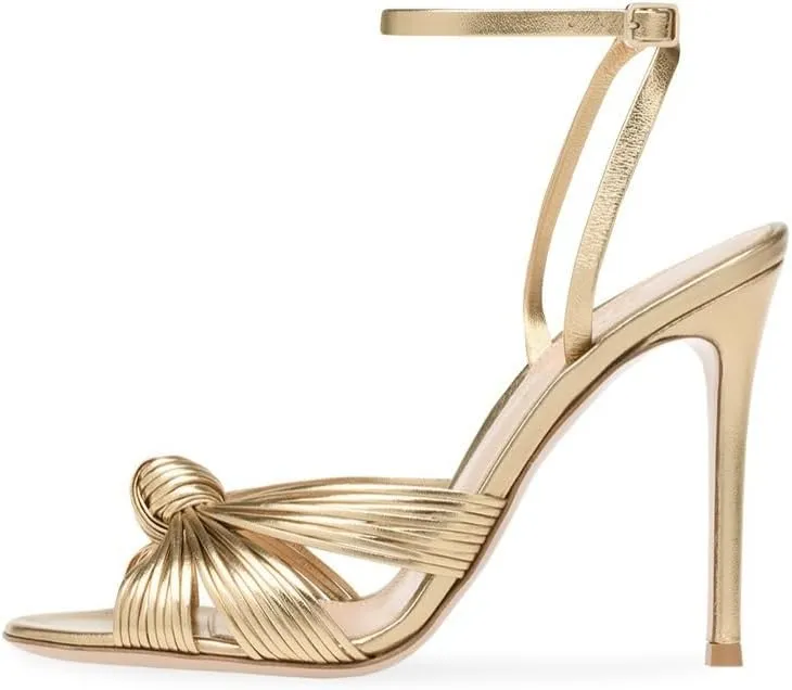 Women's Metallic Gold Bow Stiletto High Heels Open-back Ankle Strap Peep Open Toe Cute Sparkle Slingback Heels Sandals 12CM/10CM