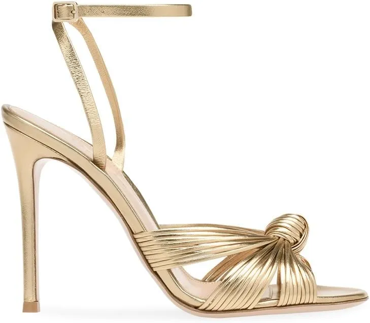 Women's Metallic Gold Bow Stiletto High Heels Open-back Ankle Strap Peep Open Toe Cute Sparkle Slingback Heels Sandals 12CM/10CM