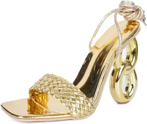 Women's Metallic Gold Sandals, Woven Strap Design, Lace-up Ankle Wrap, Chain Link Block Heel