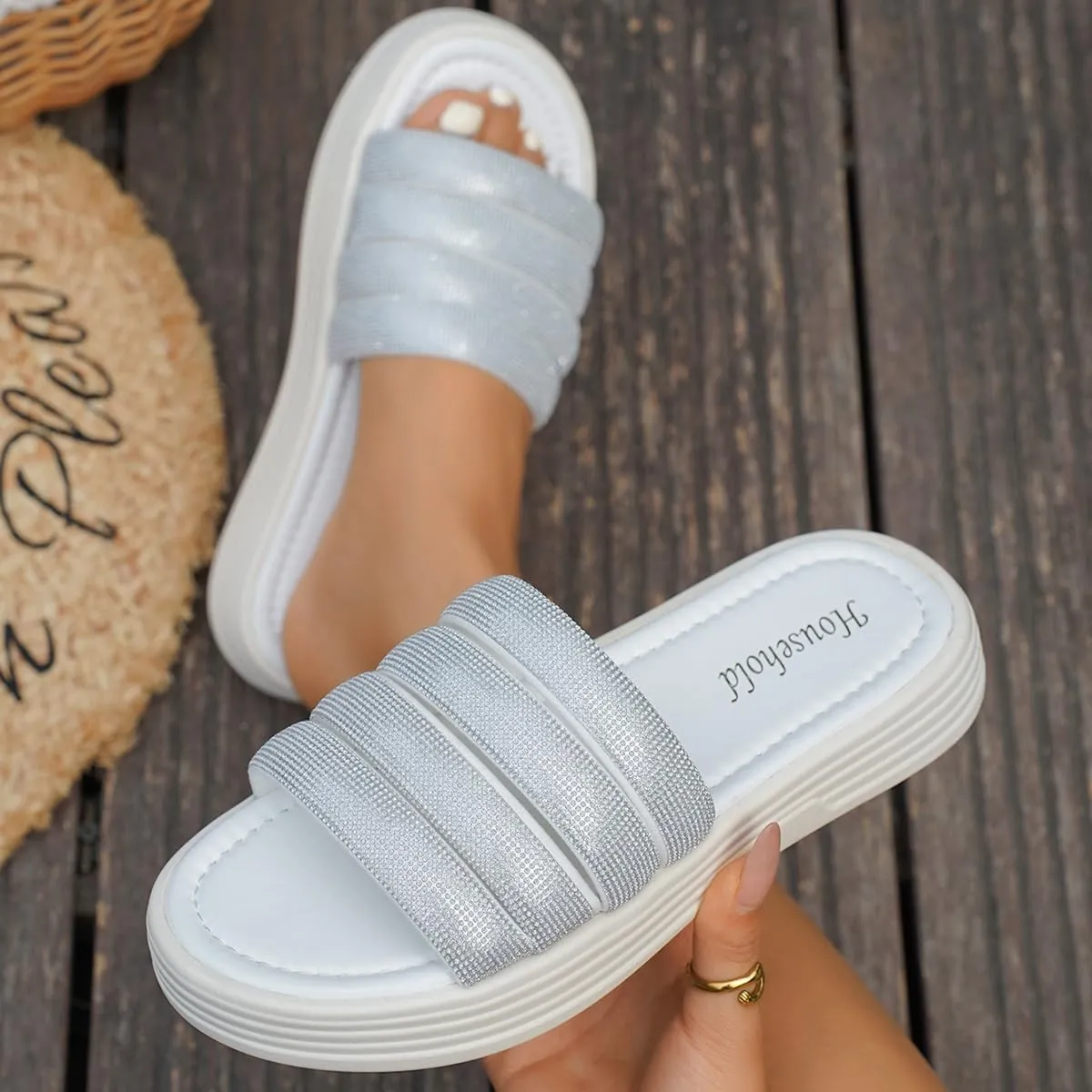 Women's Platform Thick Bottom Sandals, Summer One Foot Stirrup Rhinestone Quilted Straps Lightweight Comfortable Flat Beach Slippers