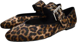 Women's Retro Leopard Ballet Flats Buckle Strap Mary Jane Flats Ballerina Shoes Round Toe Ballet Flat Shoes