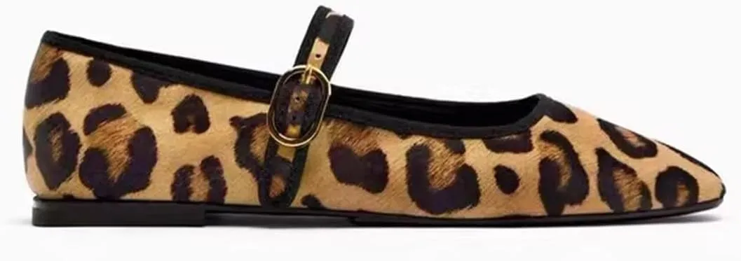 Women's Retro Leopard Ballet Flats Buckle Strap Mary Jane Flats Ballerina Shoes Round Toe Ballet Flat Shoes