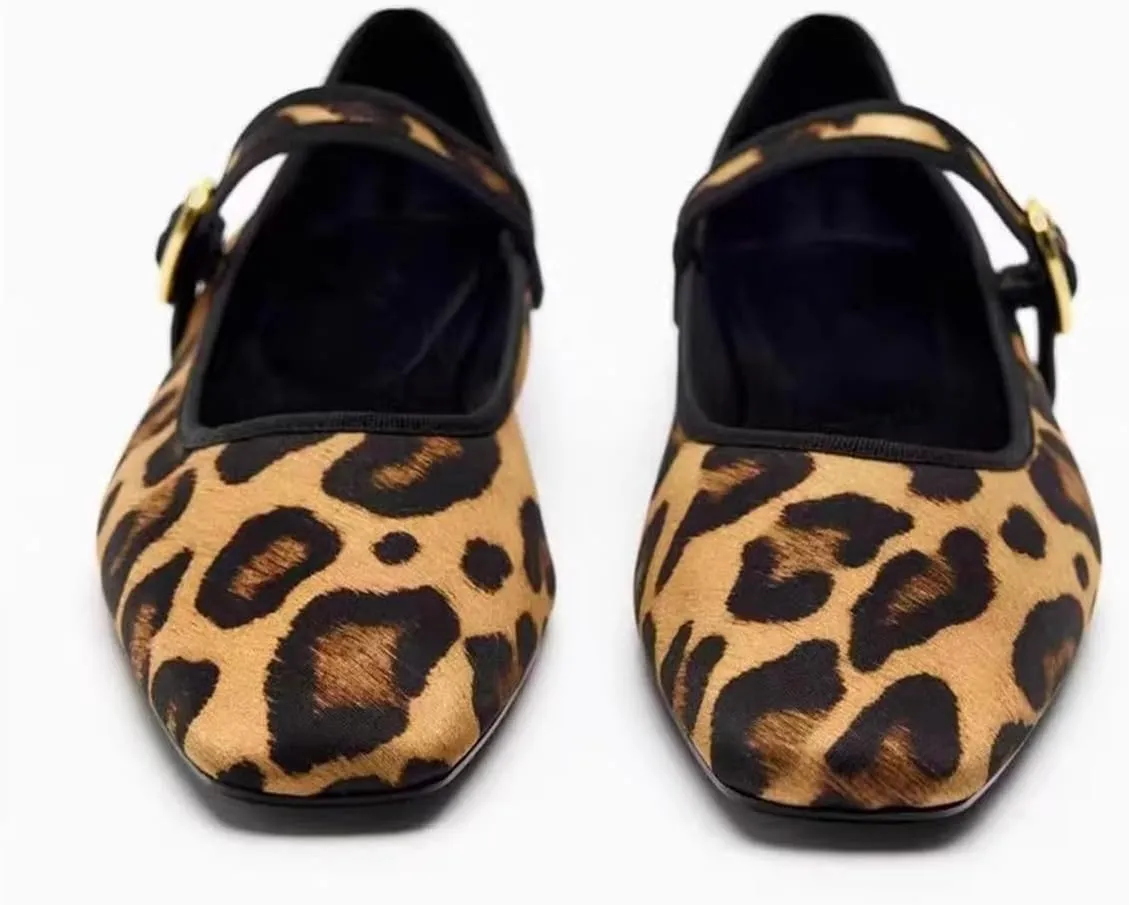 Women's Retro Leopard Ballet Flats Buckle Strap Mary Jane Flats Ballerina Shoes Round Toe Ballet Flat Shoes