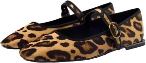 Women's Retro Leopard Ballet Flats Buckle Strap Mary Jane Flats Ballerina Shoes Round Toe Ballet Flat Shoes