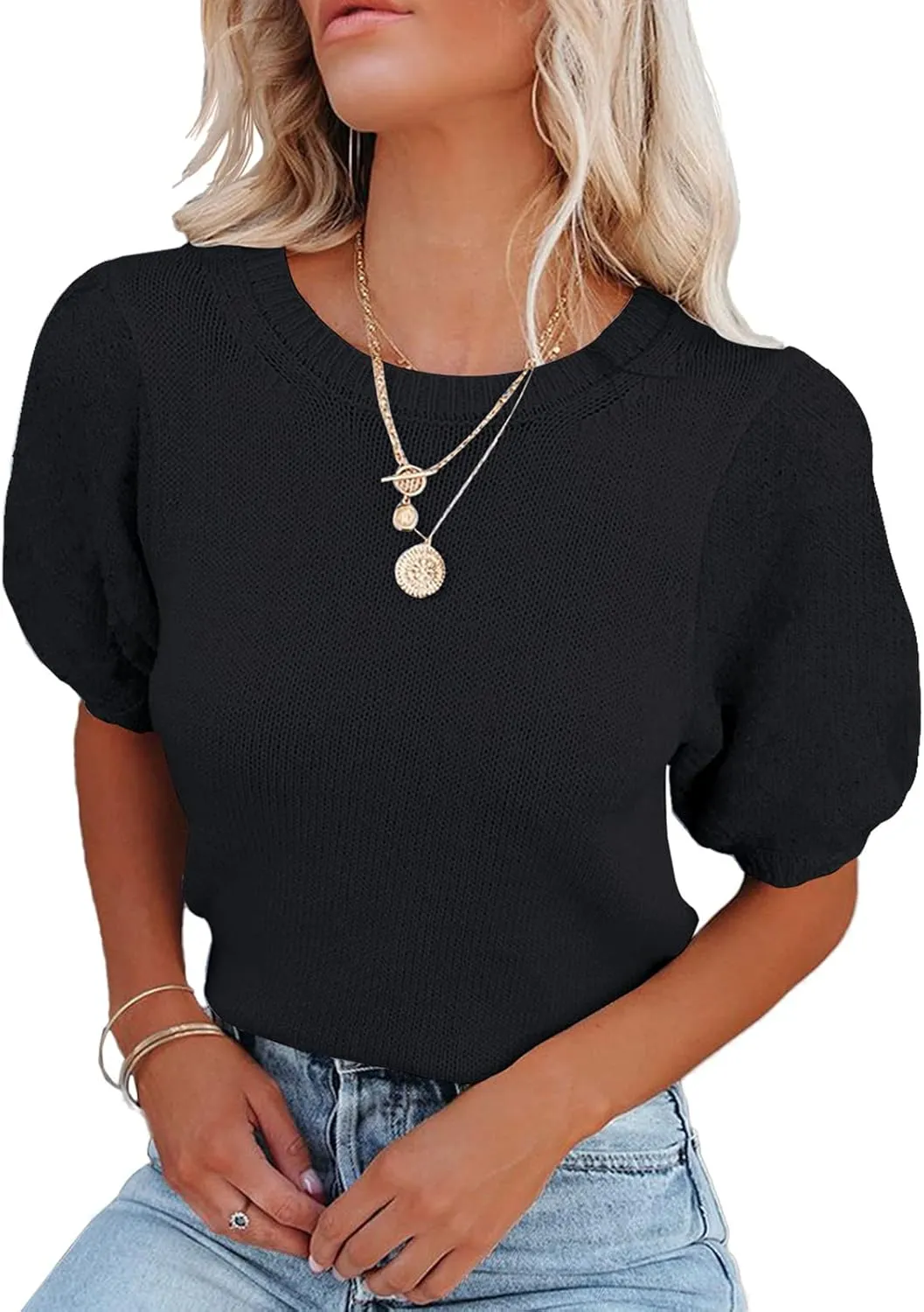 Womens Short Sleeve Sweaters Crewneck Knit Pullover Tops 2025 Summer Casual Lightweight Crochet Blouse Shirt