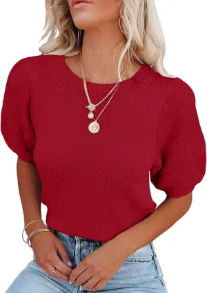 Womens Short Sleeve Sweaters Crewneck Knit Pullover Tops 2025 Summer Casual Lightweight Crochet Blouse Shirt