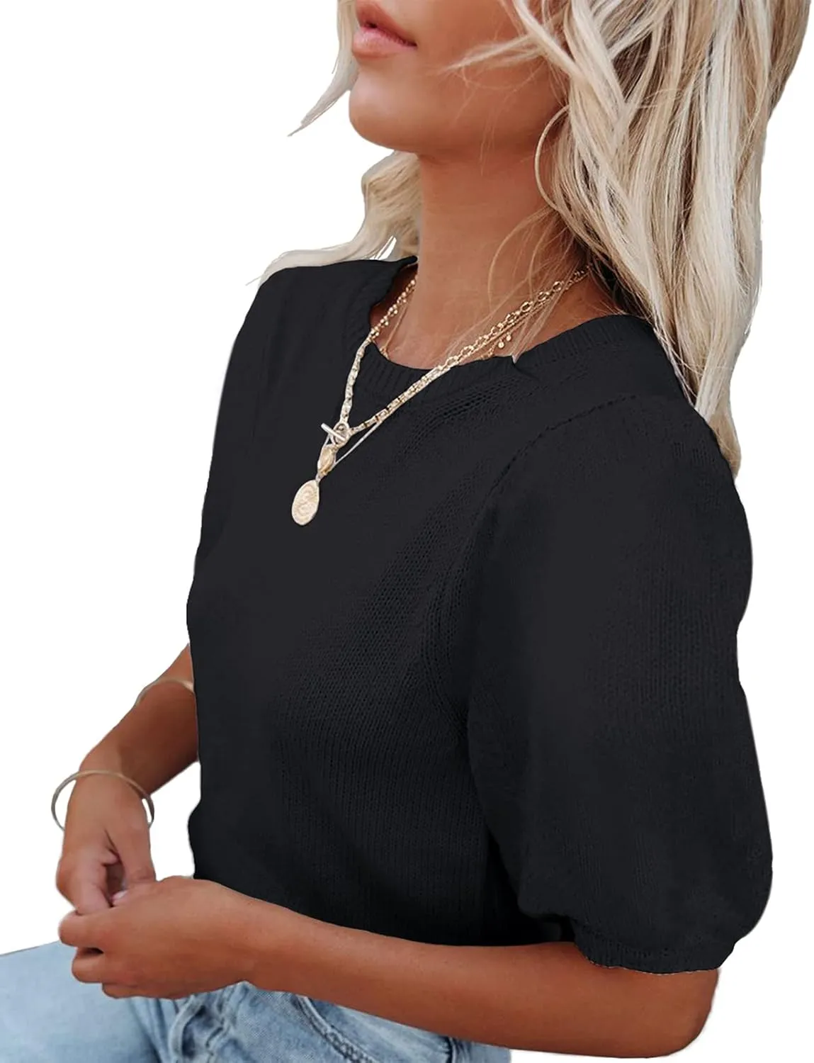 Womens Short Sleeve Sweaters Crewneck Knit Pullover Tops 2025 Summer Casual Lightweight Crochet Blouse Shirt
