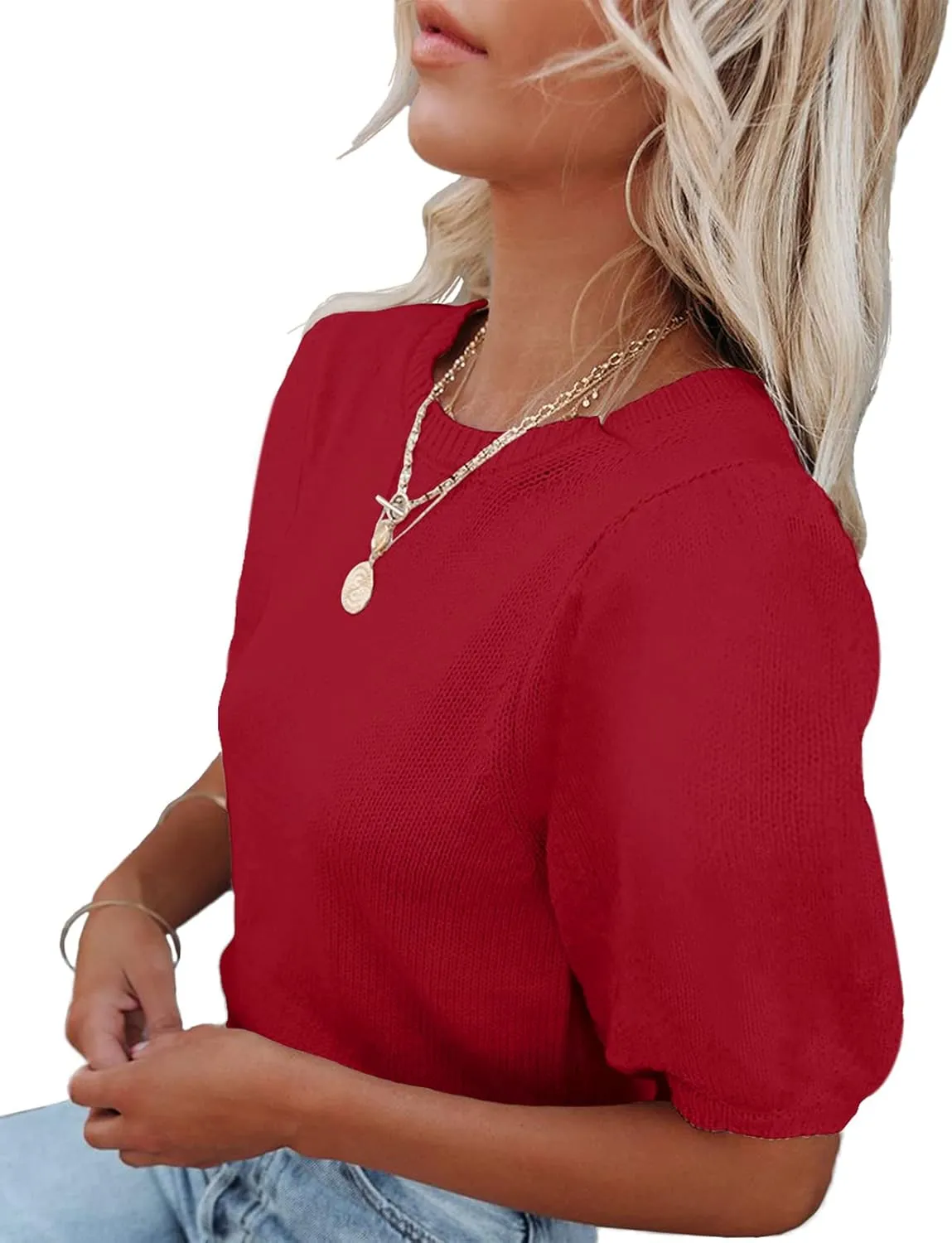 Womens Short Sleeve Sweaters Crewneck Knit Pullover Tops 2025 Summer Casual Lightweight Crochet Blouse Shirt