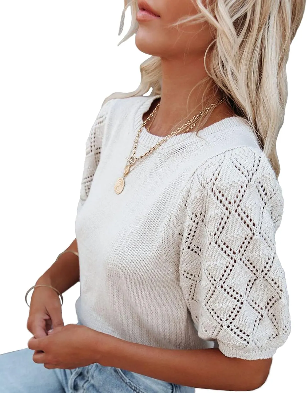 Womens Short Sleeve Sweaters Crewneck Knit Pullover Tops 2025 Summer Casual Lightweight Crochet Blouse Shirt