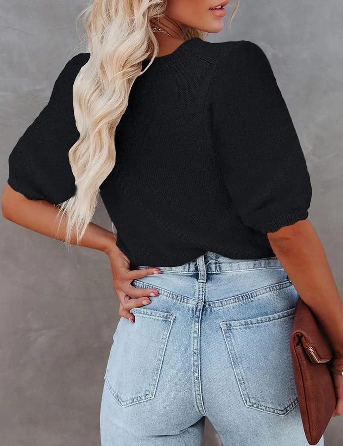 Womens Short Sleeve Sweaters Crewneck Knit Pullover Tops 2025 Summer Casual Lightweight Crochet Blouse Shirt