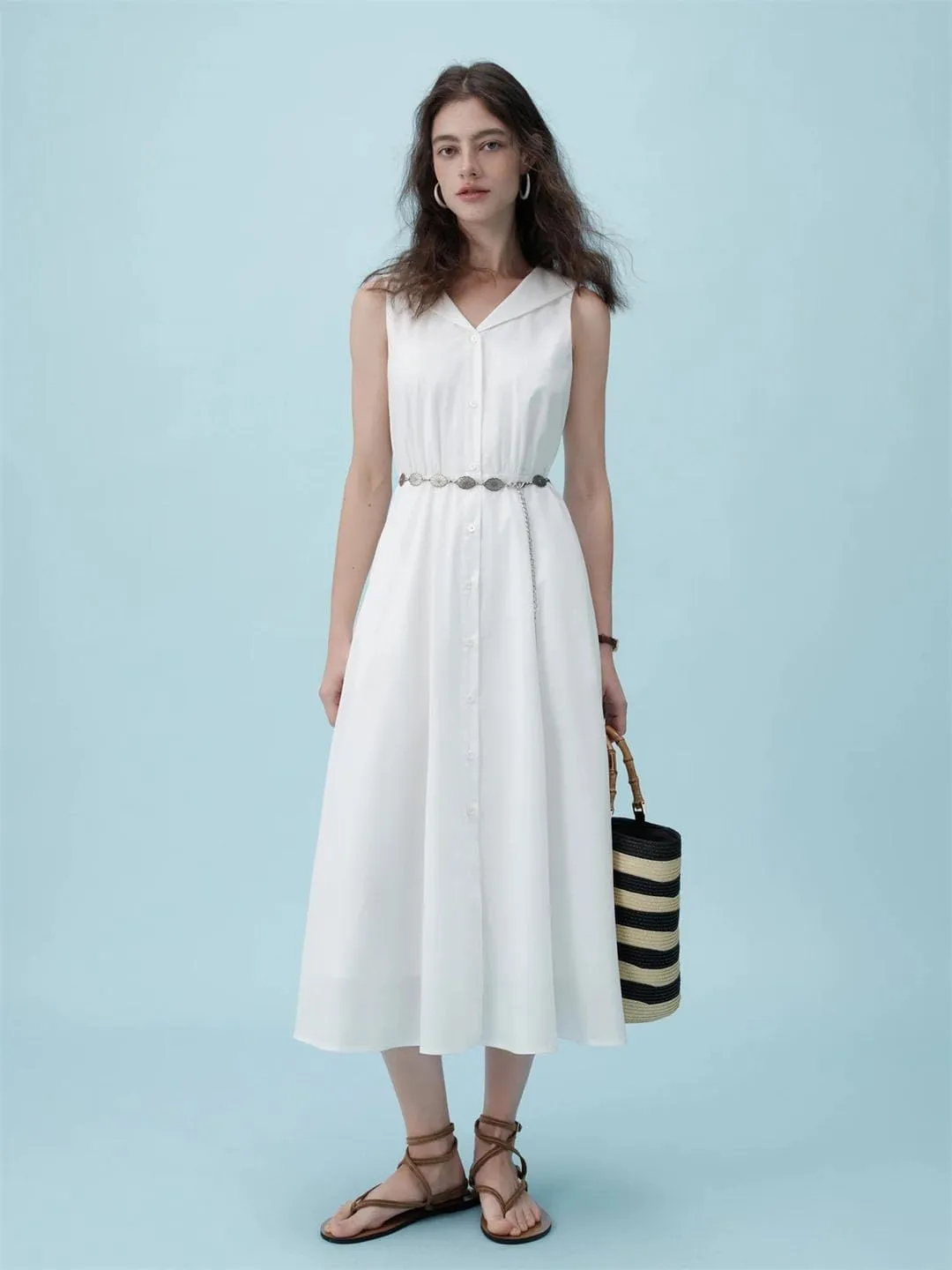 Women's Sleeveless Resort Dress - Nautical Collar & Breathable Elegance Casual Loose Dress