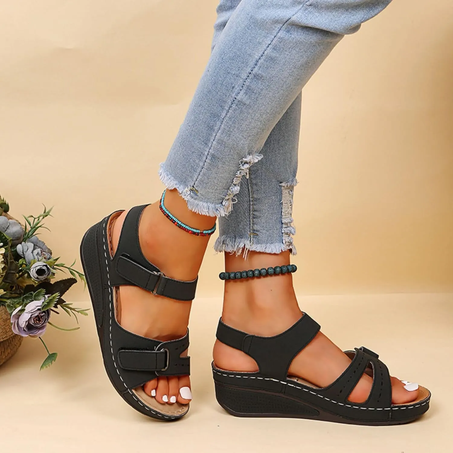 Womens Summer Sandals with Arch Support Comfort Wear Orthowear Shoes Wide Width Open Toe Flats Orthopedic Shoes Lightweight Breathable Roman Style Sandals for Vacation Beach Walking Casual Shoe