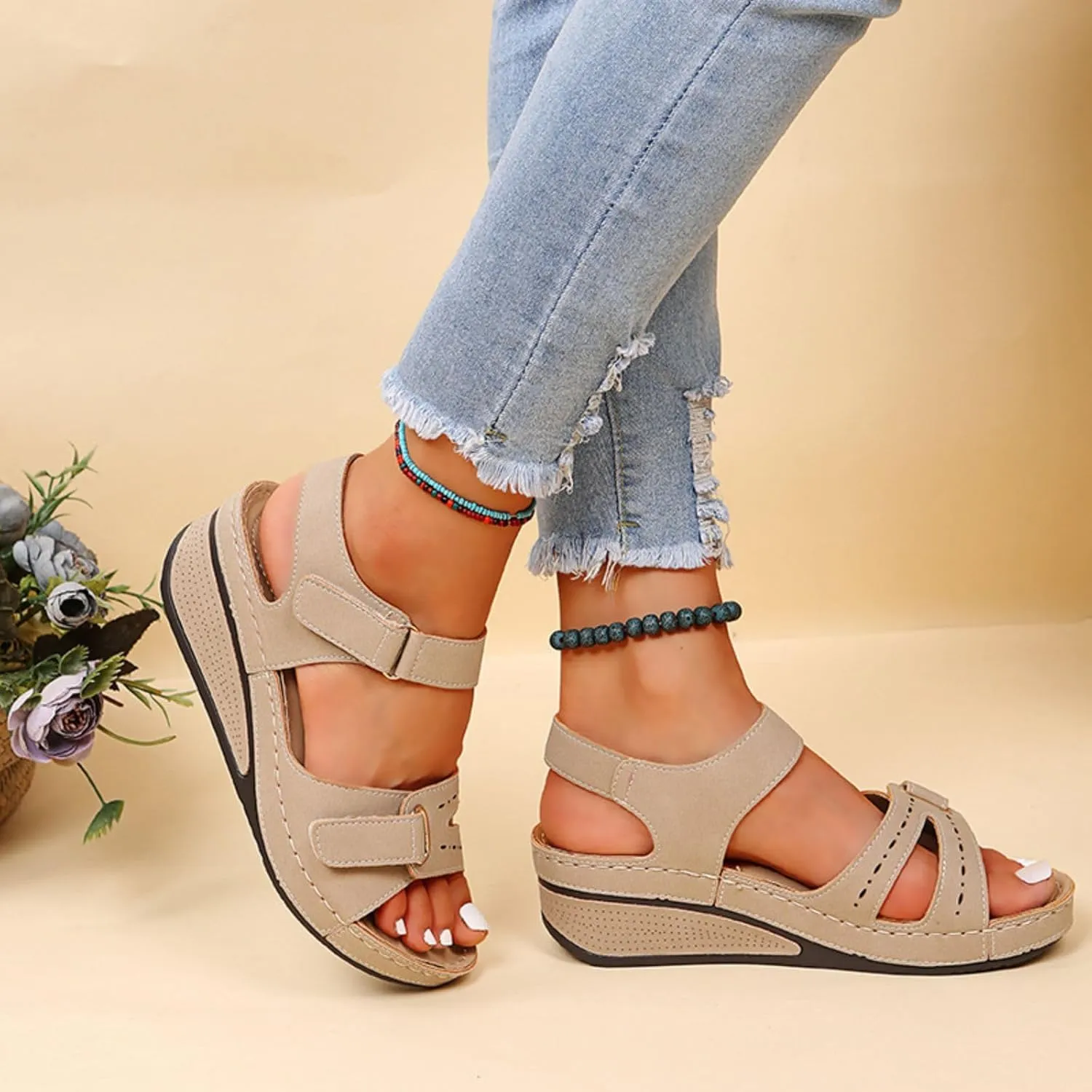 Womens Summer Sandals with Arch Support Comfort Wear Orthowear Shoes Wide Width Open Toe Flats Orthopedic Shoes Lightweight Breathable Roman Style Sandals for Vacation Beach Walking Casual Shoe