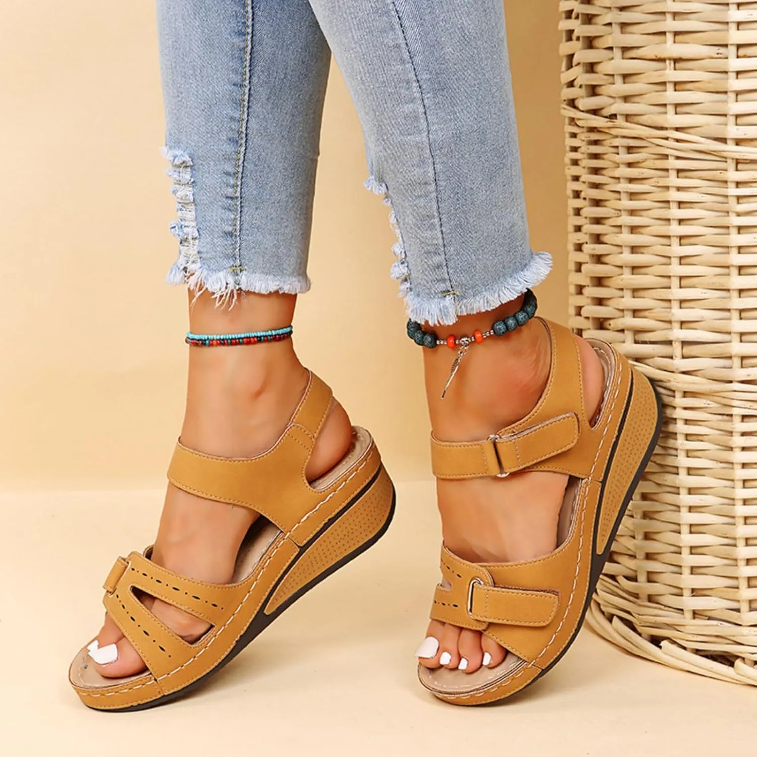 Womens Summer Sandals with Arch Support Comfort Wear Orthowear Shoes Wide Width Open Toe Flats Orthopedic Shoes Lightweight Breathable Roman Style Sandals for Vacation Beach Walking Casual Shoe