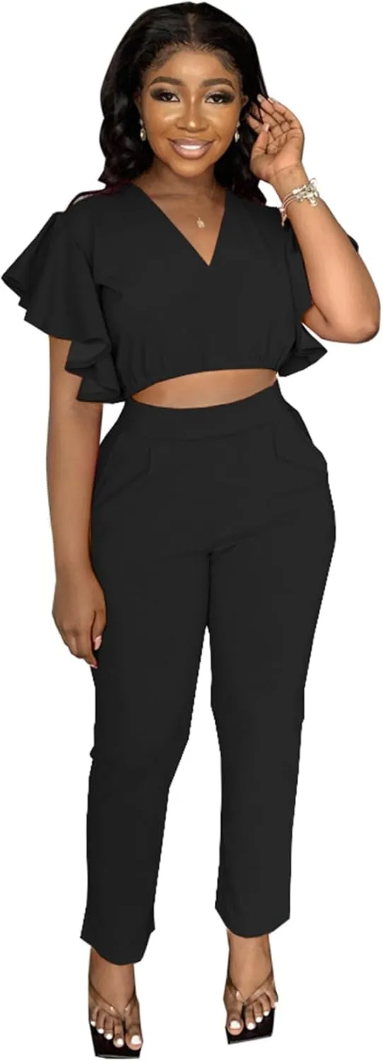 Womens Summer Two Piece Shorts Outfit Sexy Crop Top Butterfly Sleeve 2 pc Short Set Vacation Brunch Matching Set