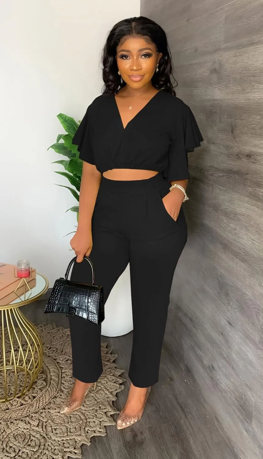 Womens Summer Two Piece Shorts Outfit Sexy Crop Top Butterfly Sleeve 2 pc Short Set Vacation Brunch Matching Set