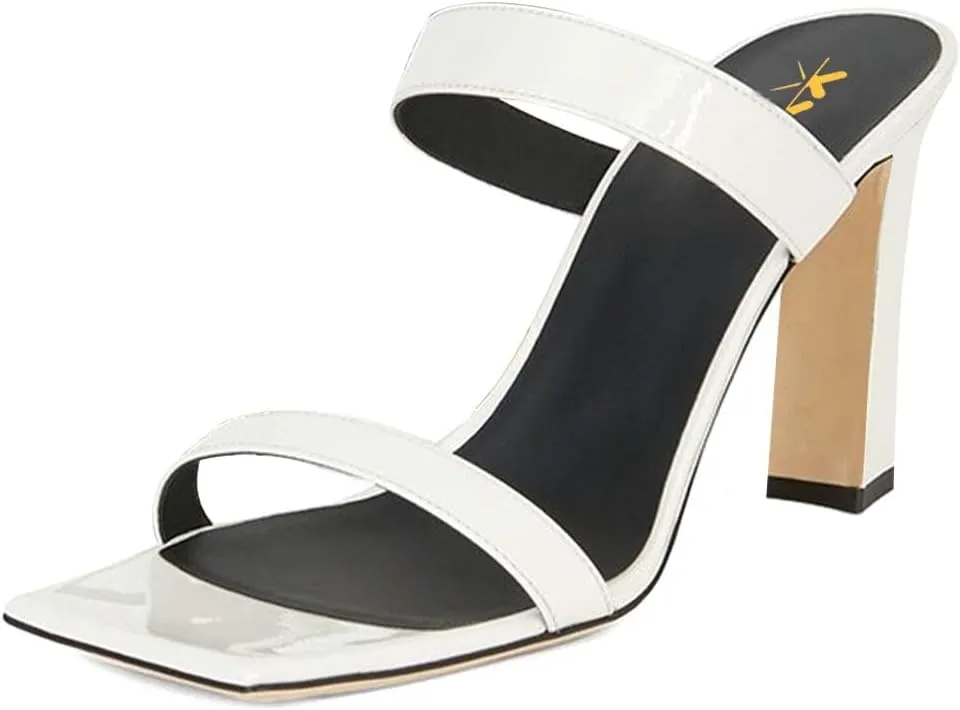 XYD Summer Essential Women Mules Slides Dual Strap Open Square Toe Sandals Mid Block Heels Ladies Classic Party Casual Shoes