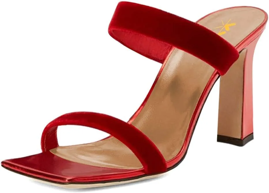 XYD Summer Essential Women Mules Slides Dual Strap Open Square Toe Sandals Mid Block Heels Ladies Classic Party Casual Shoes