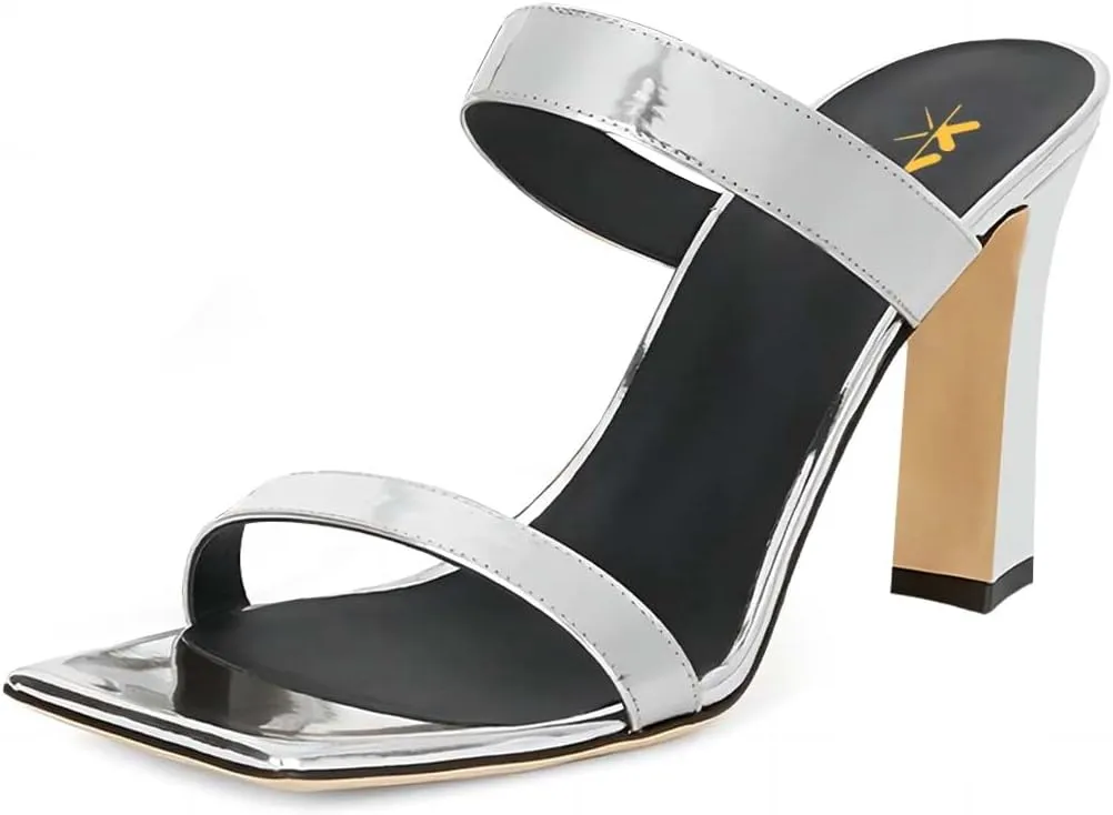 XYD Summer Essential Women Mules Slides Dual Strap Open Square Toe Sandals Mid Block Heels Ladies Classic Party Casual Shoes