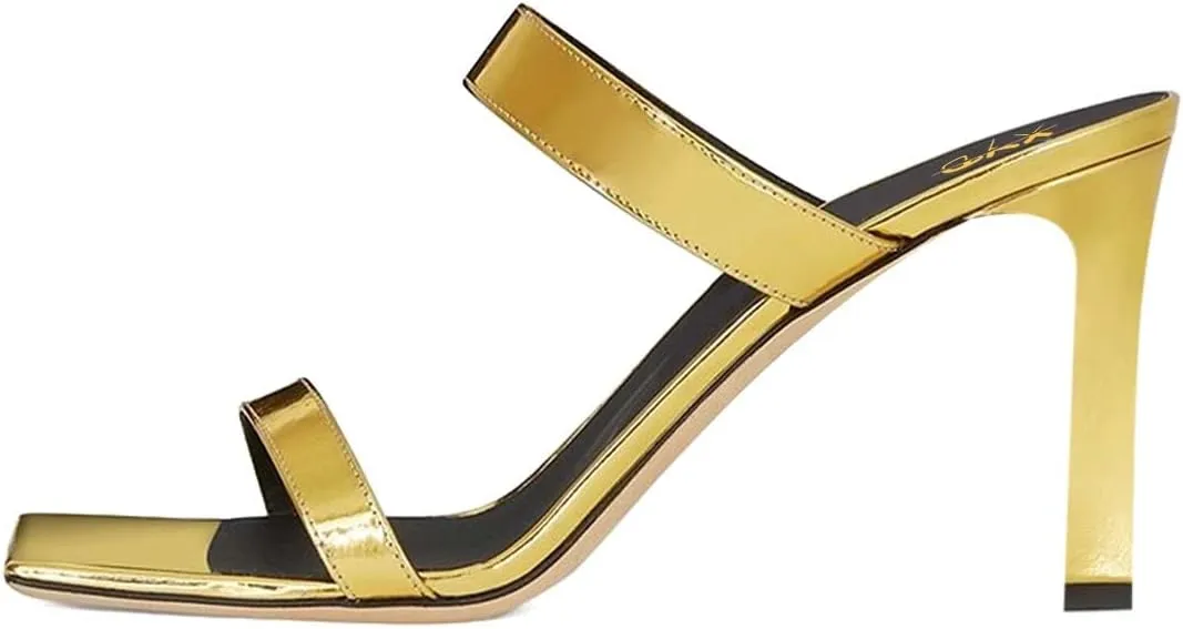 XYD Summer Essential Women Mules Slides Dual Strap Open Square Toe Sandals Mid Block Heels Ladies Classic Party Casual Shoes