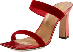 XYD Summer Essential Women Mules Slides Dual Strap Open Square Toe Sandals Mid Block Heels Ladies Classic Party Casual Shoes