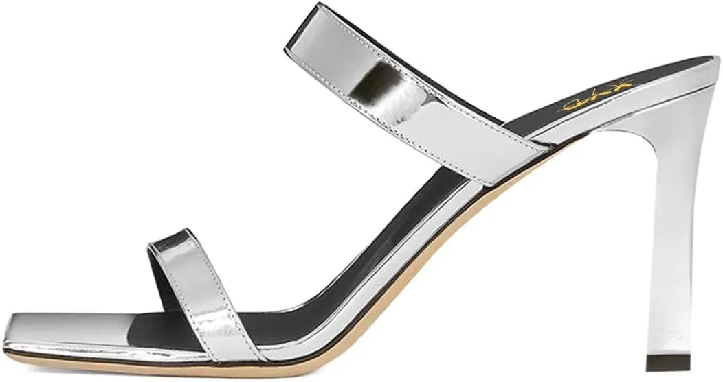 XYD Summer Essential Women Mules Slides Dual Strap Open Square Toe Sandals Mid Block Heels Ladies Classic Party Casual Shoes