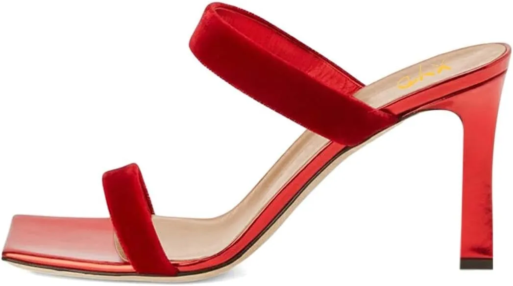 XYD Summer Essential Women Mules Slides Dual Strap Open Square Toe Sandals Mid Block Heels Ladies Classic Party Casual Shoes