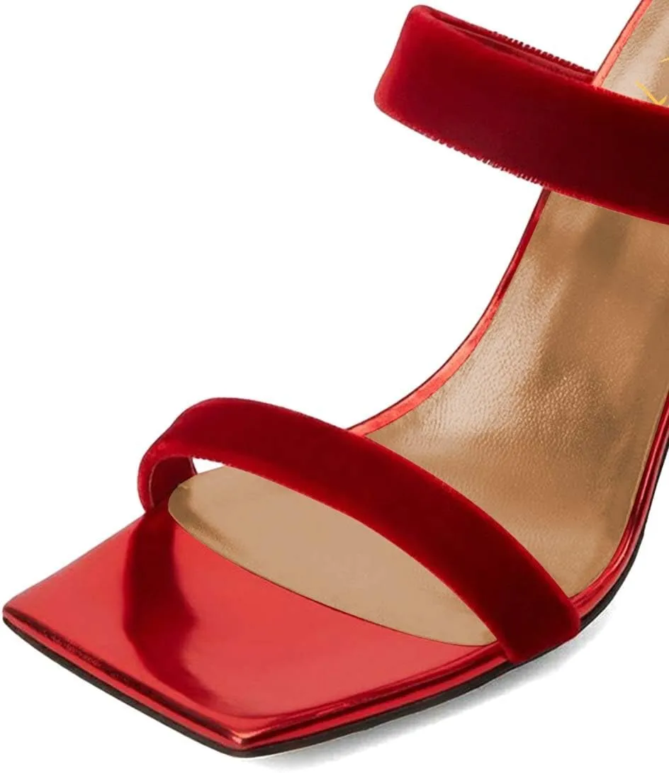 XYD Summer Essential Women Mules Slides Dual Strap Open Square Toe Sandals Mid Block Heels Ladies Classic Party Casual Shoes