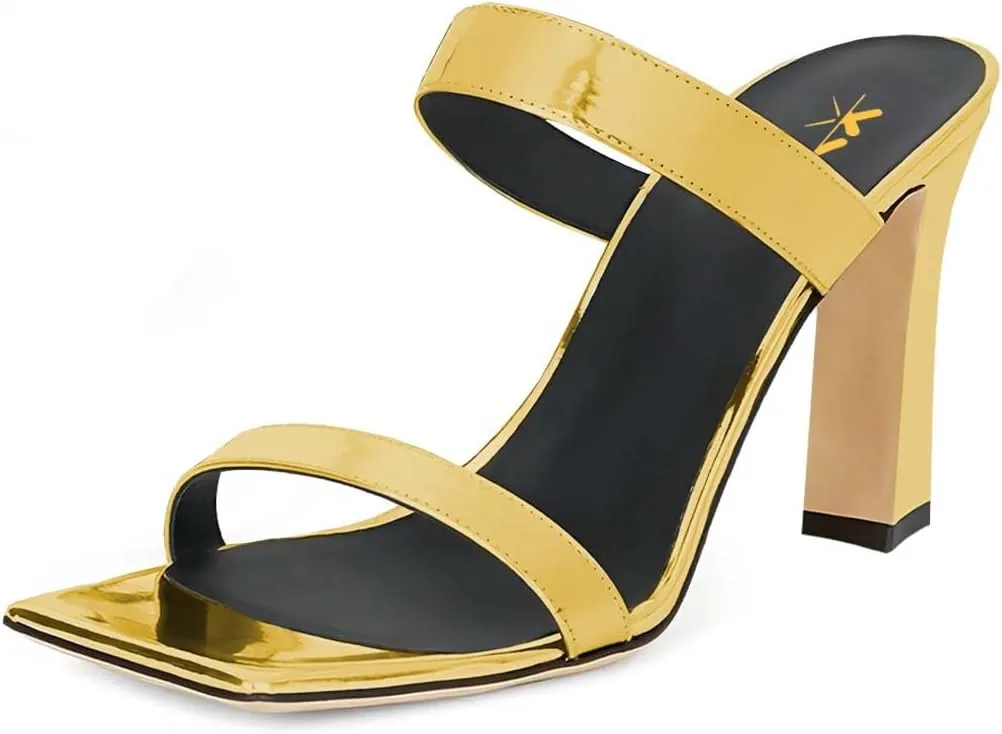 XYD Summer Essential Women Mules Slides Dual Strap Open Square Toe Sandals Mid Block Heels Ladies Classic Party Casual Shoes