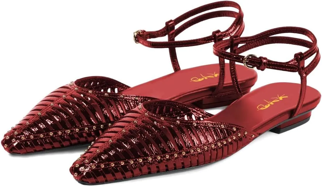 XYD Women Ankle Strappy Flats with Studs Pointed Caged Toe Roma Sandals Low Heel Chic Casual Shoes
