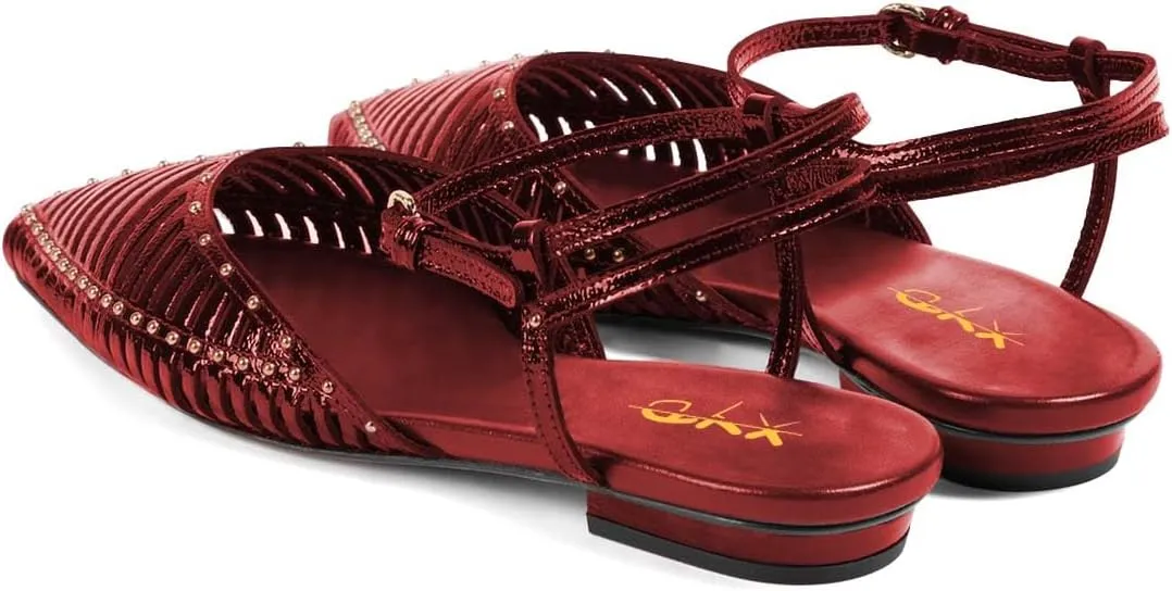 XYD Women Ankle Strappy Flats with Studs Pointed Caged Toe Roma Sandals Low Heel Chic Casual Shoes