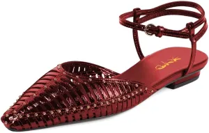 XYD Women Ankle Strappy Flats with Studs Pointed Caged Toe Roma Sandals Low Heel Chic Casual Shoes