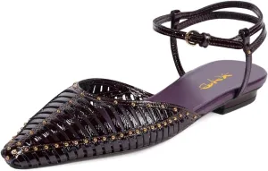 XYD Women Ankle Strappy Flats with Studs Pointed Caged Toe Roma Sandals Low Heel Chic Casual Shoes
