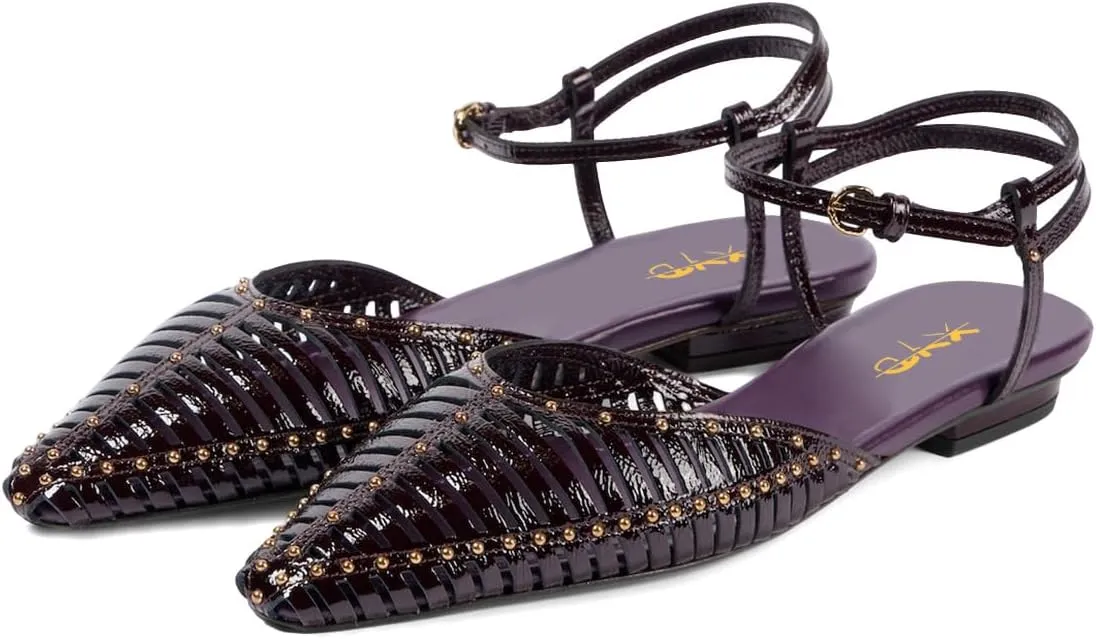 XYD Women Ankle Strappy Flats with Studs Pointed Caged Toe Roma Sandals Low Heel Chic Casual Shoes