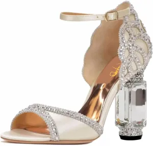 XYD Women Bridal Evening Heels Open Toe Rhinestone Studs Block High Heeled Sandals Ankle Strap Elegant Shoes for Wedding Party Dinner