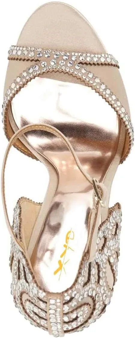 XYD Women Bridal Evening Heels Peep Toe Rhinestone Studs Block Low Heeled Sandals Ankle Strap Elegant Shoes for Wedding Party Dinner