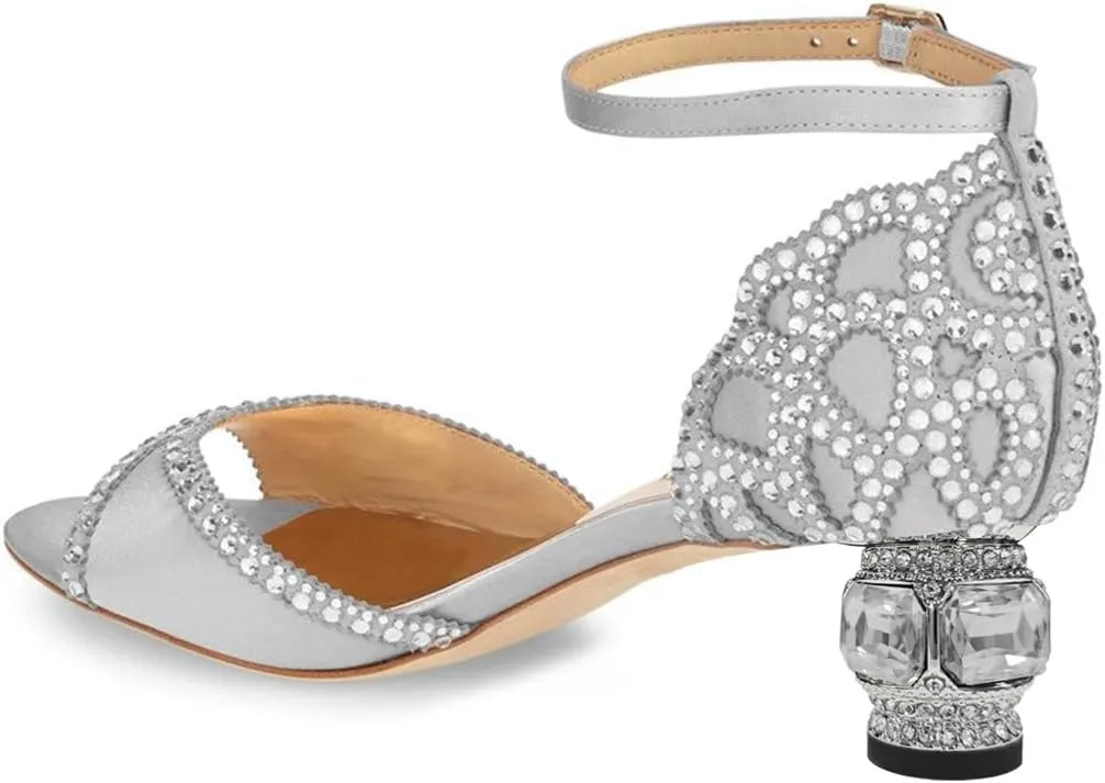 XYD Women Bridal Evening Heels Peep Toe Rhinestone Studs Block Low Heeled Sandals Ankle Strap Elegant Shoes for Wedding Party Dinner