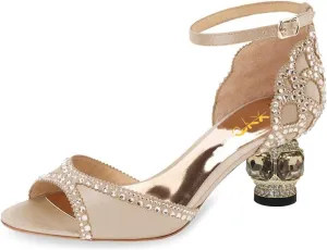 XYD Women Bridal Evening Heels Peep Toe Rhinestone Studs Block Low Heeled Sandals Ankle Strap Elegant Shoes for Wedding Party Dinner