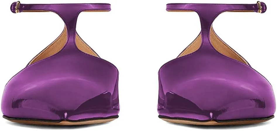 XYD Women Chic Pointed Closed Toe Flats Sleek Low Heel Chunky Slender T-Strap with Buckle Dress Party Casual Shoes